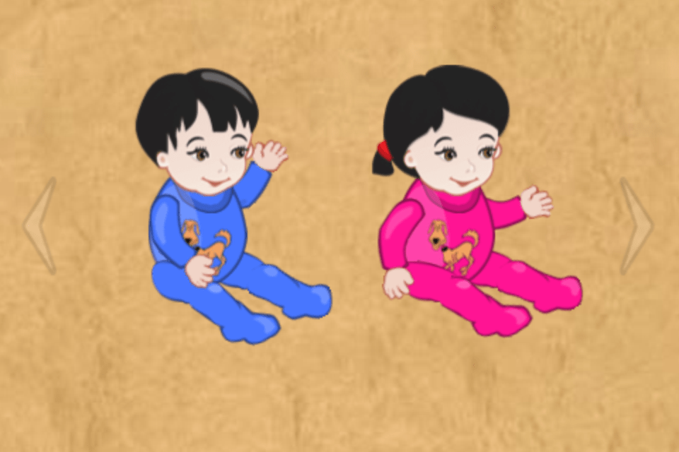Matching cartoon babies, one in blue onesie and one in a pink one