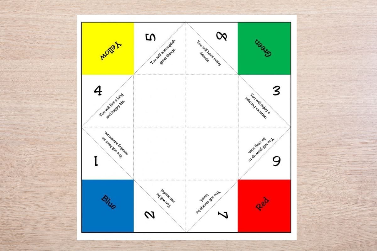 A printable fortune teller with colored sections labeled yellow, green, blue, and red, featuring numbered flaps and different instructions on each for interactive fun.