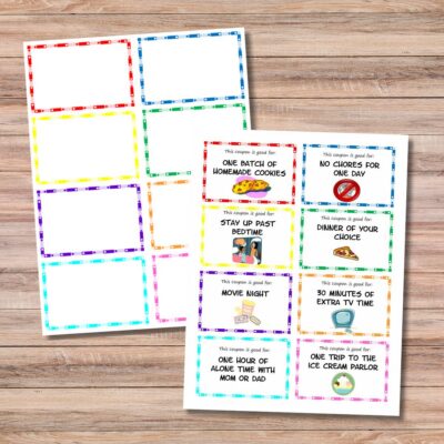 Two sheets of printable kid coupons; one blank with colorful borders to customize, and another filled with fun rewards like cookies, no chores, dinner choice, and more.