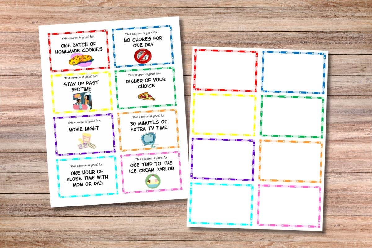 Two sheets of colorful kid coupons, featuring activities like homemade cookies, movie night, and extra TV time.