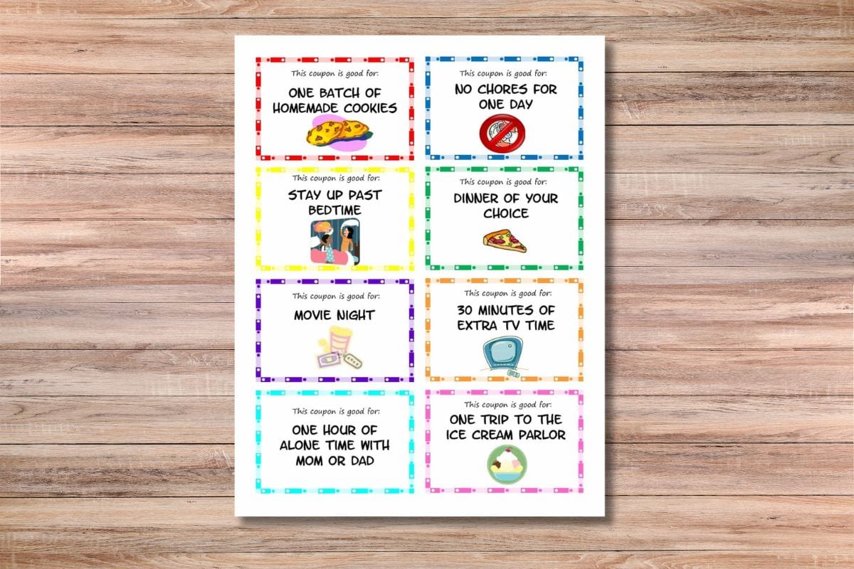 A sheet of colorful kid coupons, featuring activities like homemade cookies, movie night, and extra TV time.