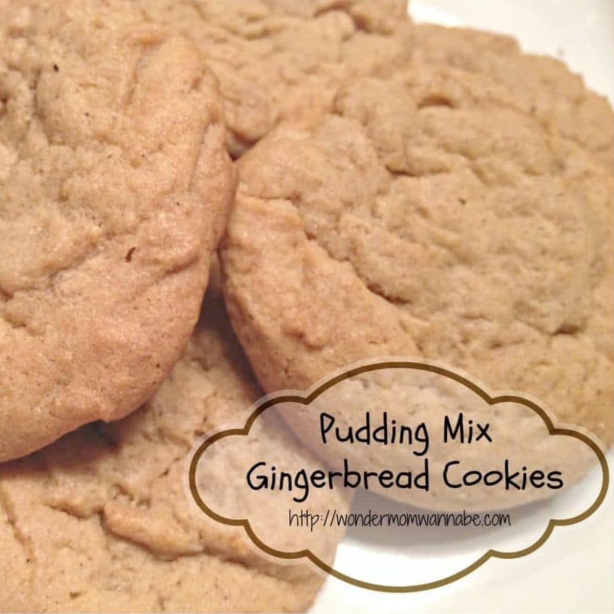 Close-up of several golden brown gingerbread cookies on a white plate, labeled "Pudding Mix Gingerbread Cookies." Enjoy the classic flavor of homemade gingerbread cookies with a soft, chewy twist.