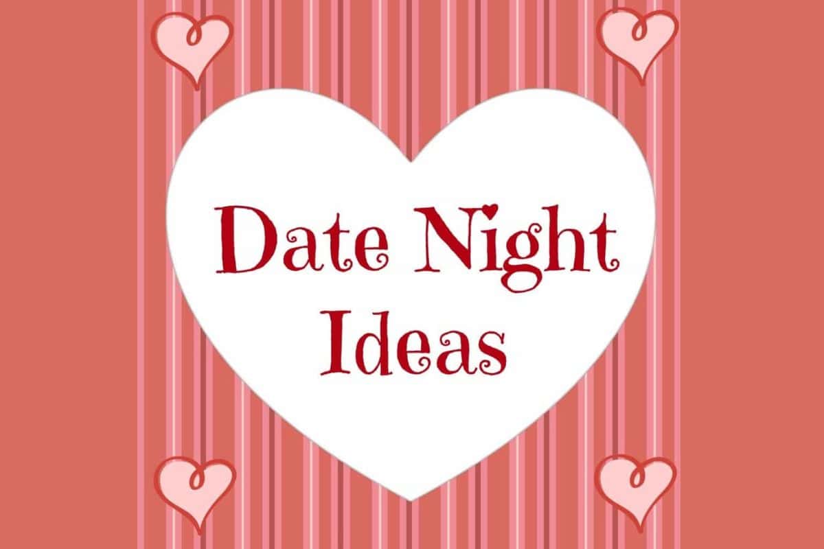 A large white heart on a pink striped background with smaller hearts in the corners showcases the red text, "Date Night Ideas," perfect for anyone seeking creative date night ideas.
