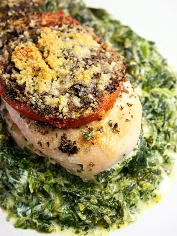 a closeup of Chicken Florentine Bake on a white plate 