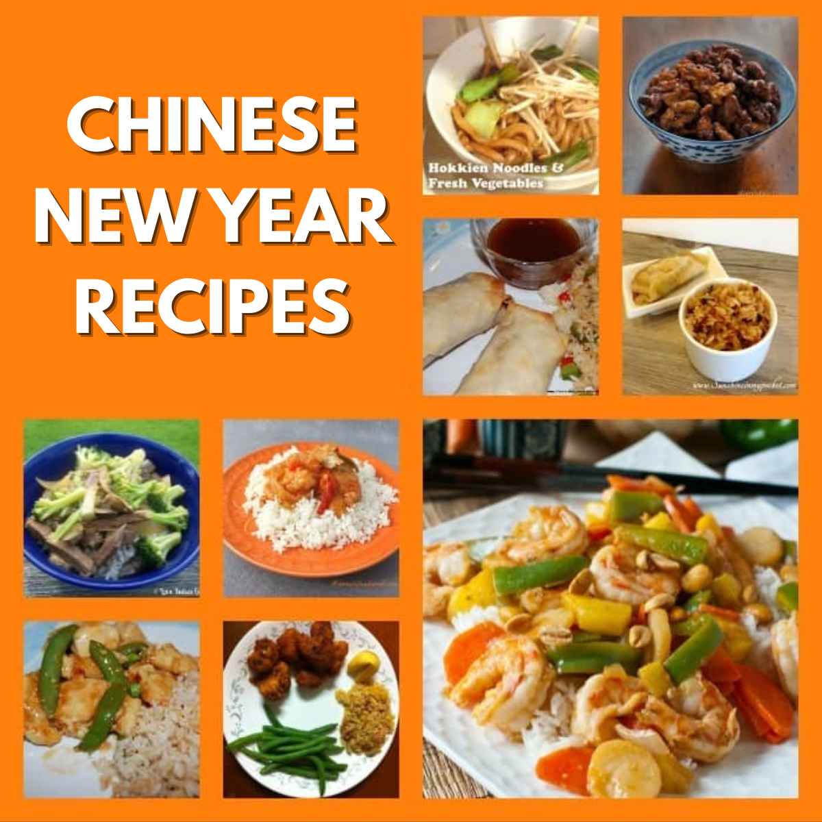 Collage of various Chinese dishes, including noodles, spring rolls, rice dishes, and stir-fried vegetables, with "Chinese New Year Recipes" featured prominently on an orange background to showcase festive chinese new year recipes.