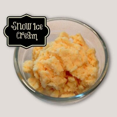 A glass bowl filled with creamy yellowish snow ice cream, topped with a label that reads "Snow Ice Cream" in decorative text.