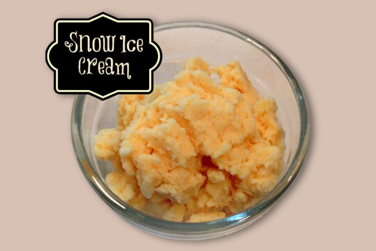 A clear glass bowl filled with creamy yellowish snow ice cream sits invitingly, with a decorative "Snow Ice Cream" label adorning the top left corner.