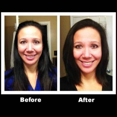 Side-by-side photos of a woman before and after a haircut; her hair is longer in the "before" image and shorter, with more volume in the "after"—showcasing her decision to donate hair for a good cause.