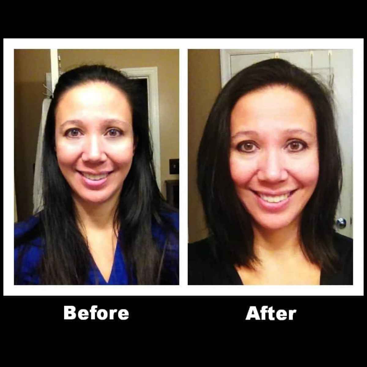 Side-by-side photos of a woman before and after a haircut; her hair is longer in the "before" image and shorter, with more volume in the "after"—showcasing her decision to donate hair for a good cause.
