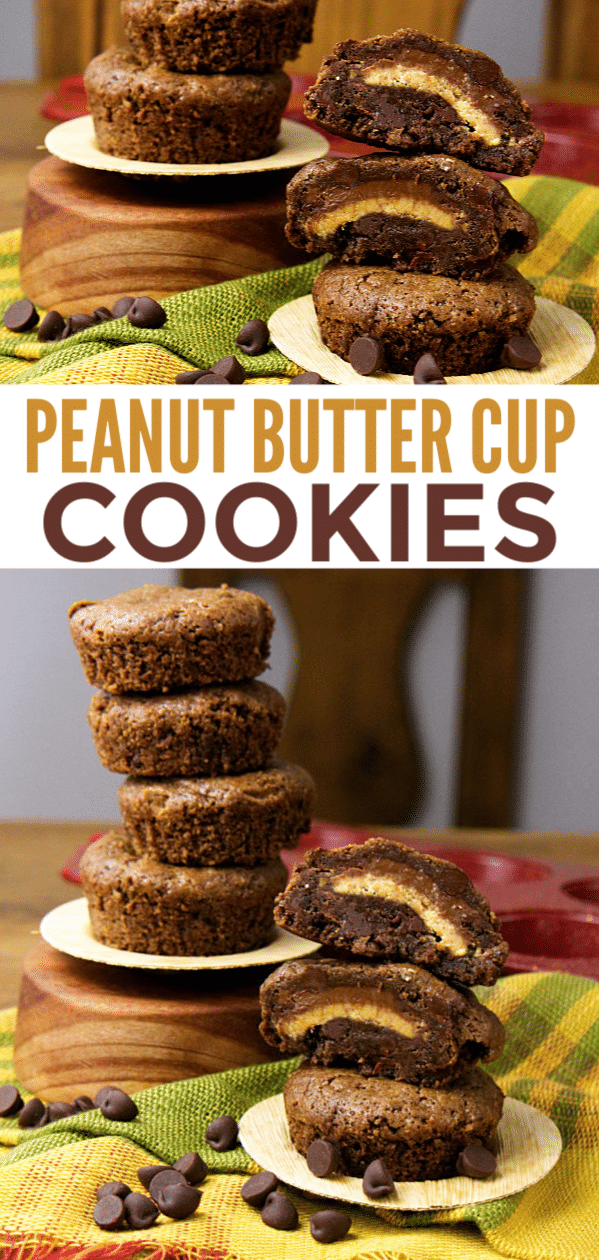 a collage of cookies stacked on plates with title text reading Peanut Butter Cup Cookies