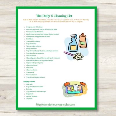 A printed daily 5 cleaning checklist with colorful illustrations of cleaning supplies, listing various household chores and everyday activities, on a light wooden surface.