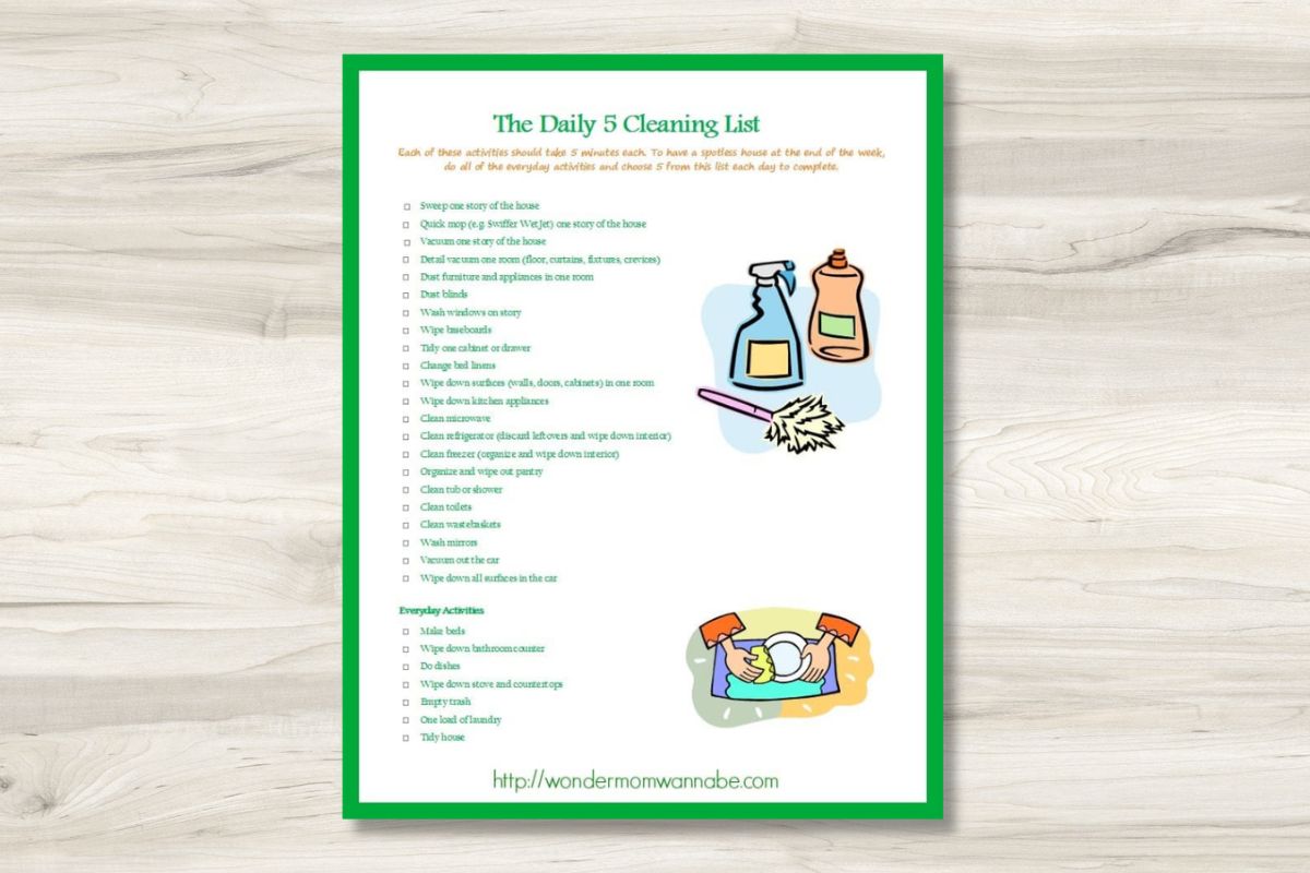 A printed daily 5 cleaning checklist titled "The Daily 5 Cleaning List," featuring illustrations of cleaning supplies on a light wood surface.