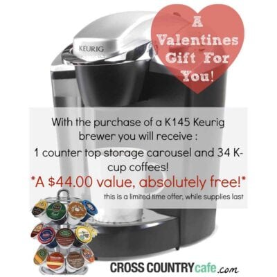 Valentine's Day deals: Buy a Keurig K145 coffee maker and get a free countertop carousel plus 34 K-cup coffees—perfect for a thoughtful Valentine’s Day gift.