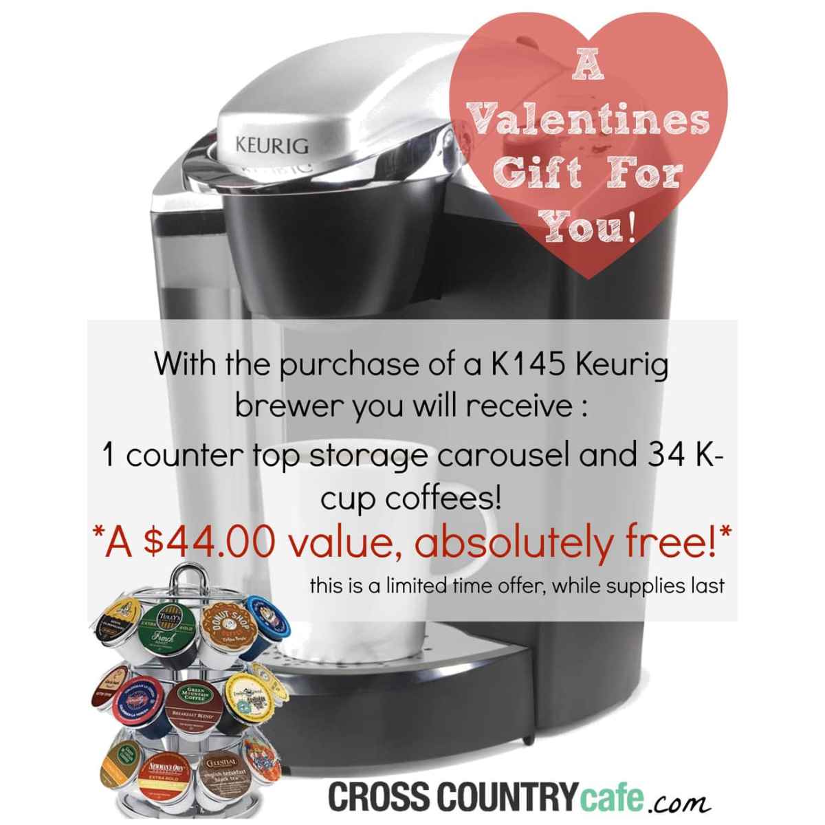 Valentine's Day deals: Buy a Keurig K145 coffee maker and get a free countertop carousel plus 34 K-cup coffees—perfect for a thoughtful Valentine’s Day gift.