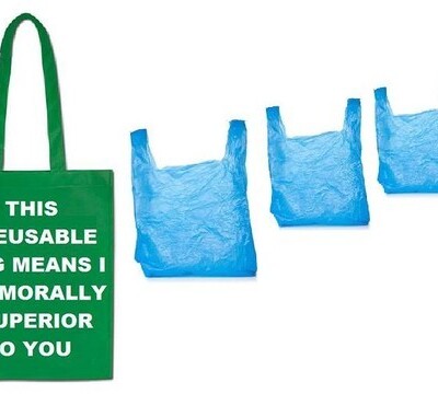 One reusable bag and 4 plastic bags. Says this reusable bag means I am morally superior to you