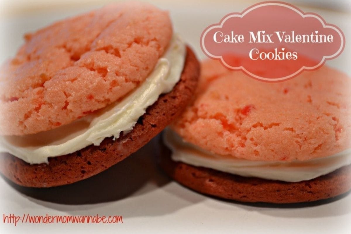 Two Cake Mix Valentine Cookie Sandwiches with title text reading Cake Mix Valentine Cookies.