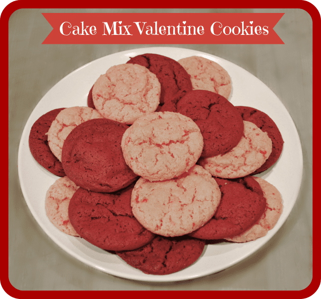 red and pink cookies on a white plate with title text reading Cake Mix Valentine Cookies