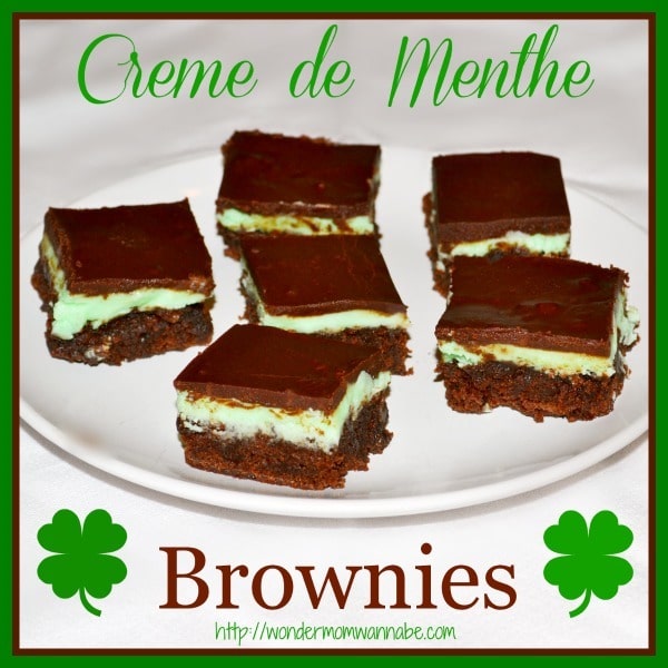 brownies on a white plate on a white cloth with title text reading Creme de Menthe Brownies