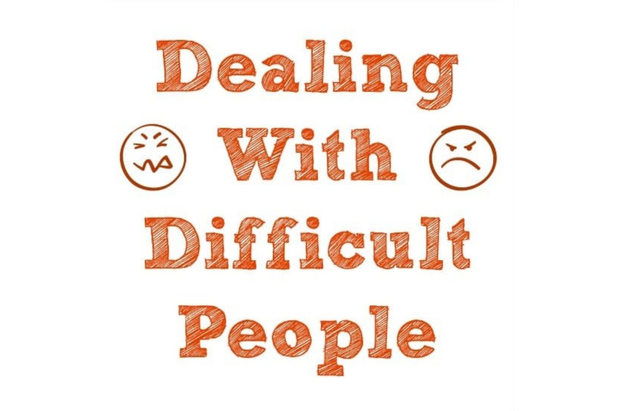 Text reads "Dealing With Difficult People" in bold orange letters, highlighting strategies for dealing with difficult people, with two angry face icons on either side of the word "With.