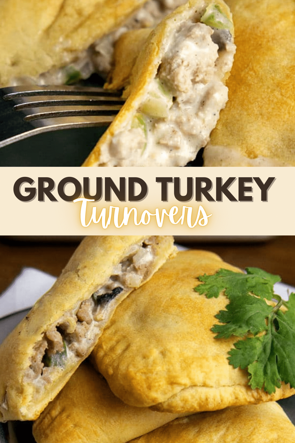 Ground turkey turnovers on a plate with a fork.