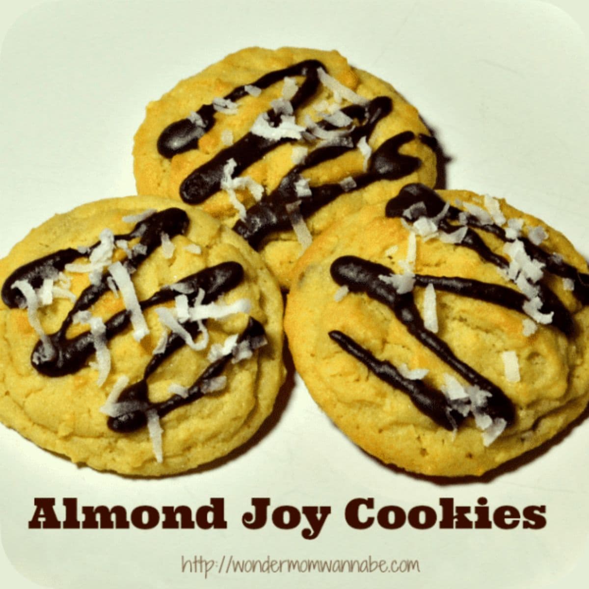 Three Almond Joy cookies are topped with drizzled chocolate and shredded coconut, arranged on a white surface for an irresistible treat.