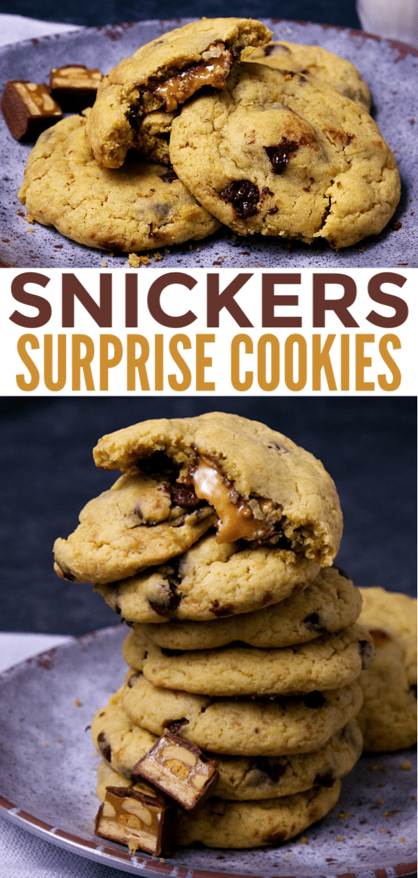 a collage of a stack of Snickers Cookies on a plate with title text reading Snickers Surprise Cookies