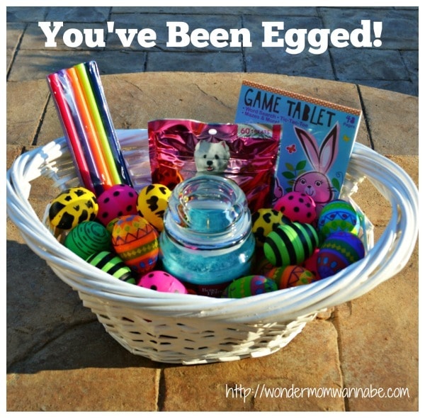 a white basket full of various toys and eggs with title text reading You've Been Egged