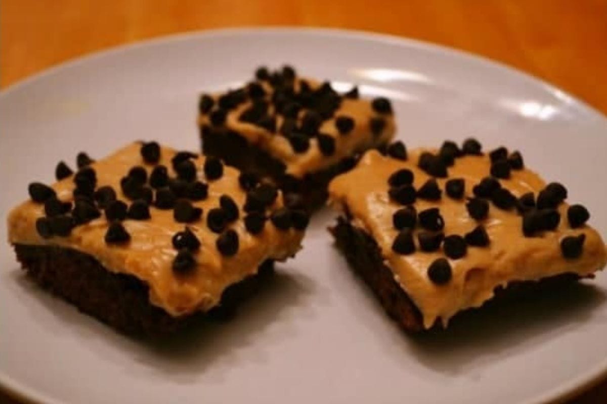 Three healthy peanut butter brownies, topped with chocolate chips, are arranged on a white plate.