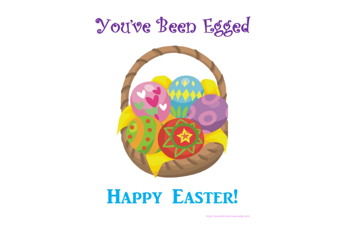 A basket filled with decorated Easter eggs. With text "You've Been Egged," while "Happy Easter!" appears below.