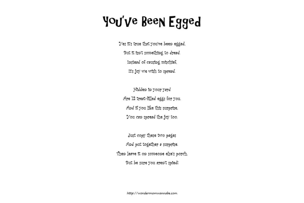 A playful "you've been egged" poem appears in fun font on a white background.