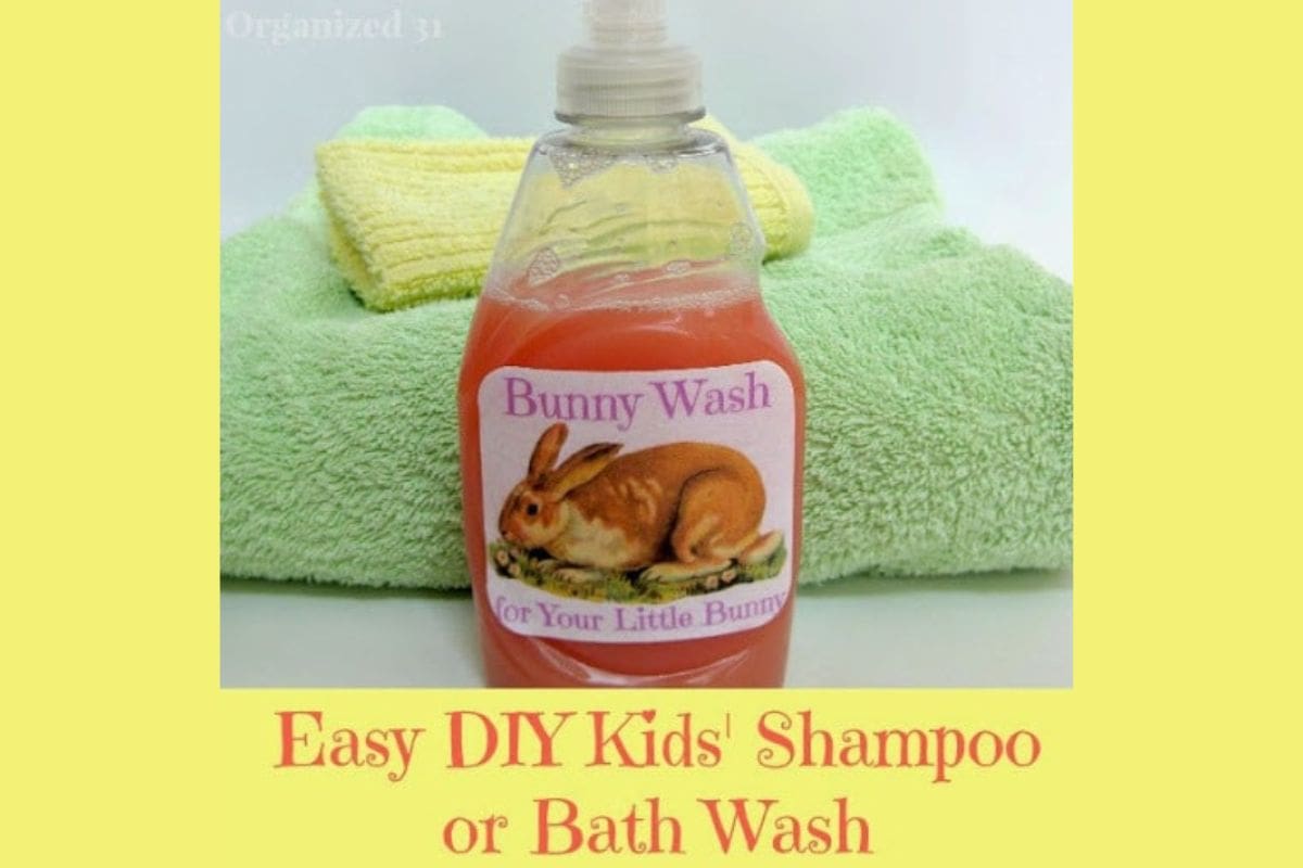 A bottle labeled "Bunny Wash" sits in front of folded green towels with the text "Easy DIY Kids' Shampoo or Bath Wash".