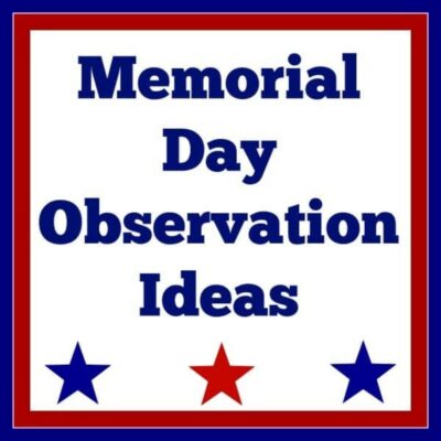 A square graphic featuring "Memorial Day Observation Ideas" in blue letters, bordered in red, with two blue stars and one red star at the bottom—perfect for sharing memorial day observation inspiration.