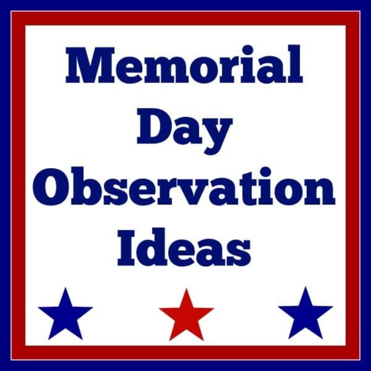 A square graphic featuring "Memorial Day Observation Ideas" in blue letters, bordered in red, with two blue stars and one red star at the bottom—perfect for sharing memorial day observation inspiration.