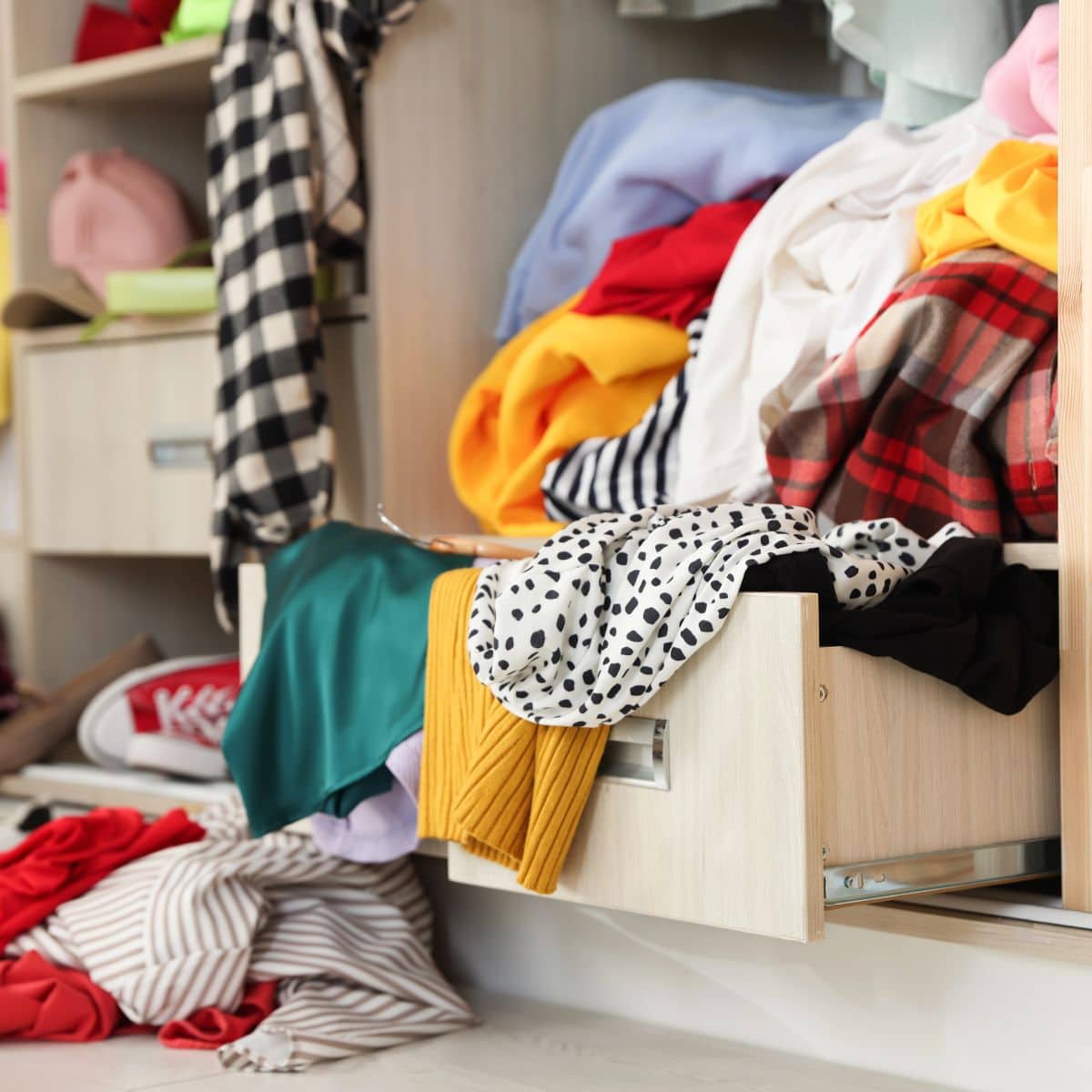 An open closet and drawer overflow with colorful clothes, garments spilling onto the floor in a lively jumble.
