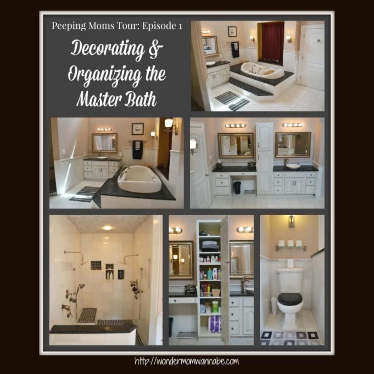 A collage of six images showing a spacious, organized master bathroom with a bathtub, dual sinks, walk-in shower, storage shelves, and a toilet area—perfect for Peeping Moms seeking inspiration for their next remodel.