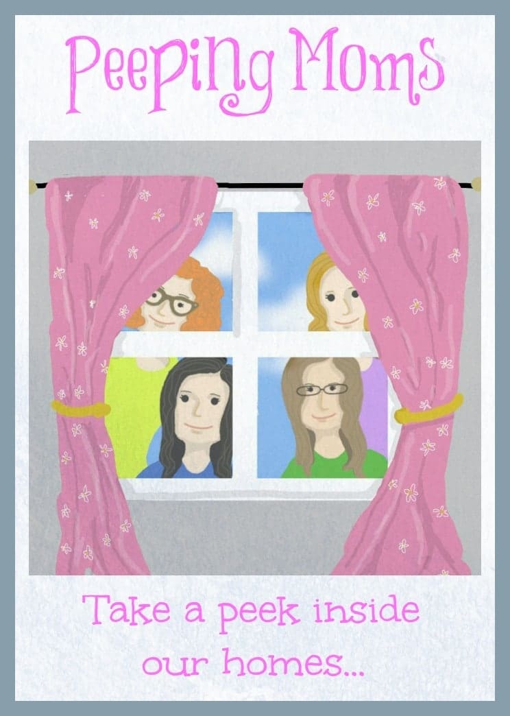 an image of a window in a house with pink curtains with four ladies peeping through the window with title text reading Peeping Moms Take a peek inside our homes