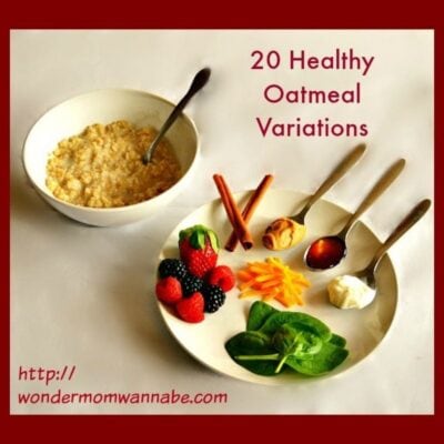 A bowl of oatmeal sits next to a plate with cinnamon sticks, berries, shredded cheese, spinach, yogurt, honey, and a spoon, highlighting "20 Healthy Oatmeal Variations.