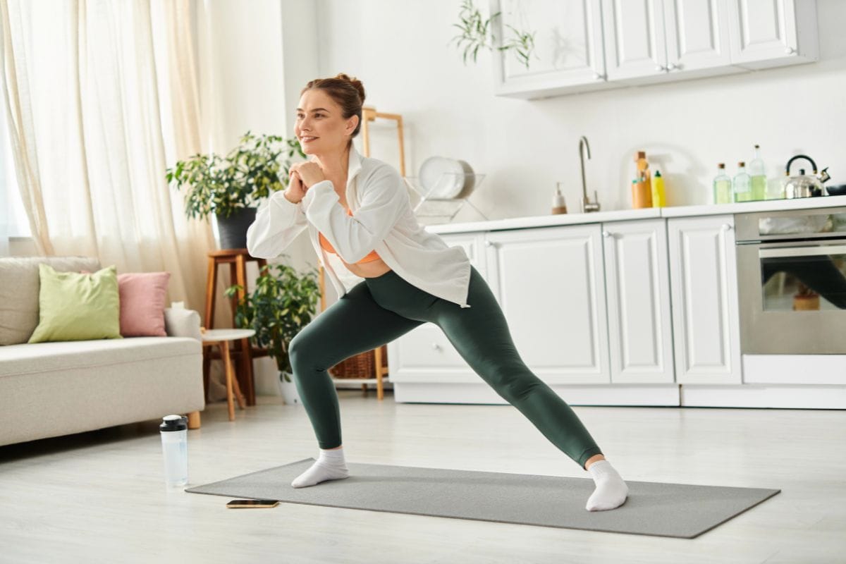 A woman is embracing everyday fitness on a yoga mat in a bright kitchen.