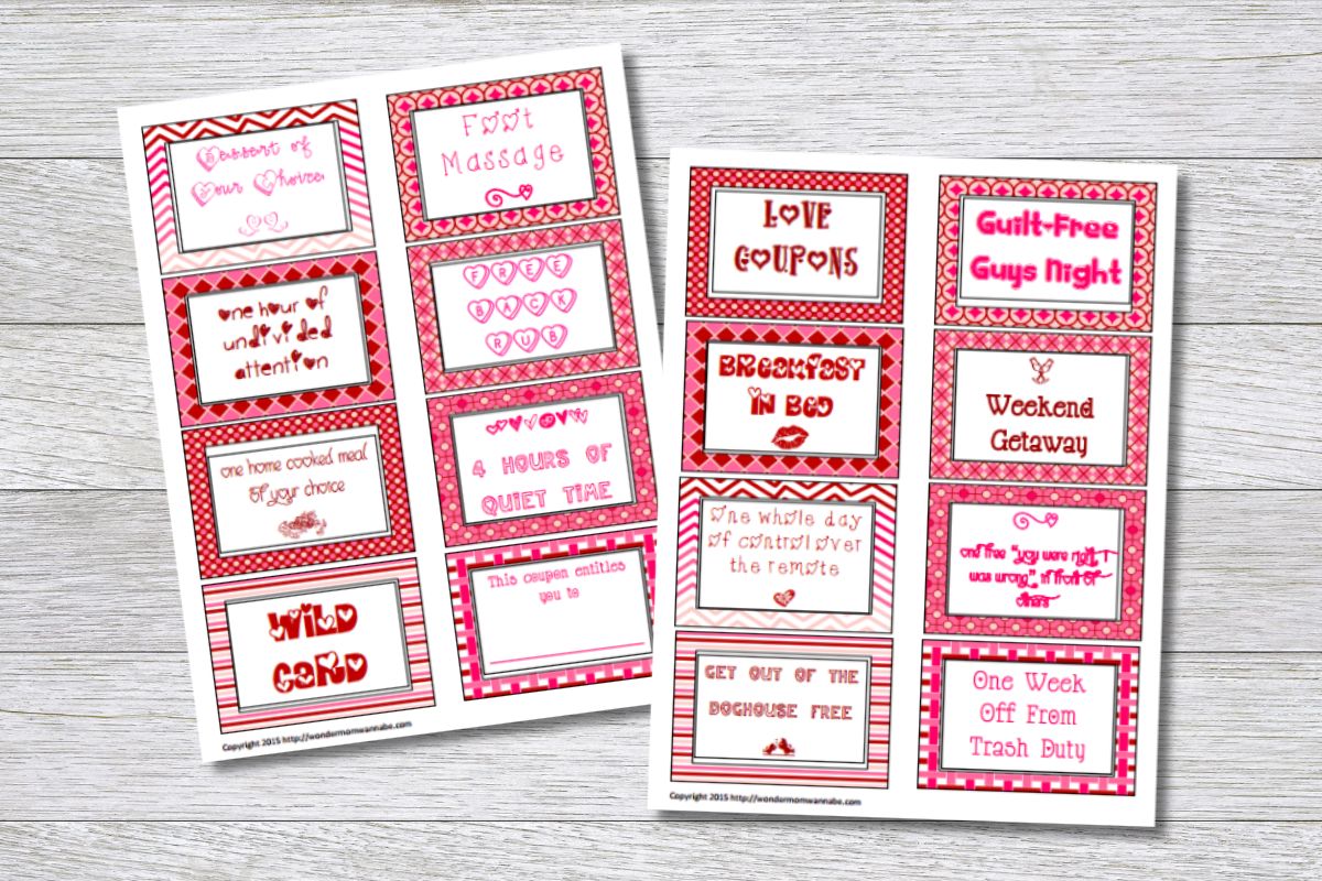 Two sheets of free printable love coupons with red and pink Valentine’s Day designs.
