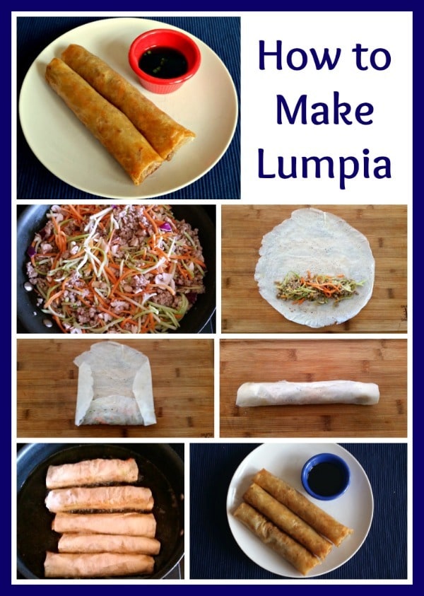 a collage of the steps needed to make lumpia with title text readign How to Make Lumpia