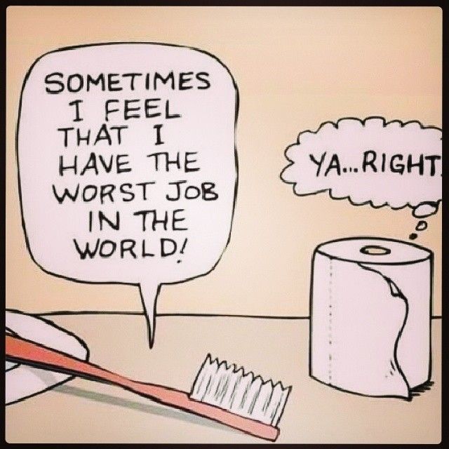 a graphic of a toothbrush saying Sometimes I feel that I have the worst job in the world! to a roll of toilet paper thinking Ya right