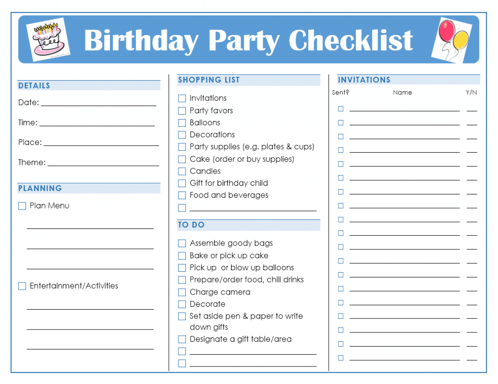 Birthday Party Checklist with sections for planning/tracking details, menu, entertainment, shopping list, to do, and invitations