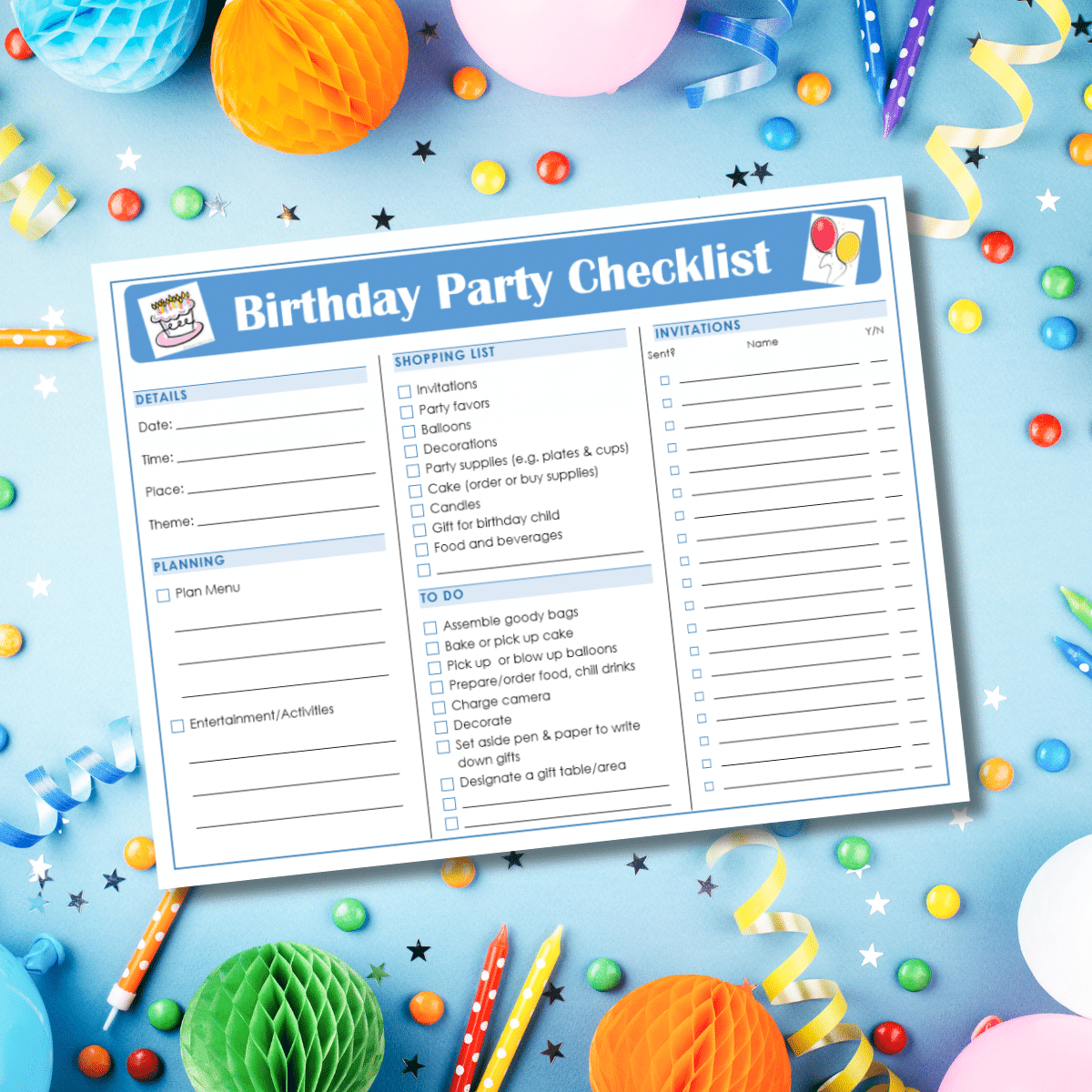 A free printable birthday party checklist featuring balloons and confetti.