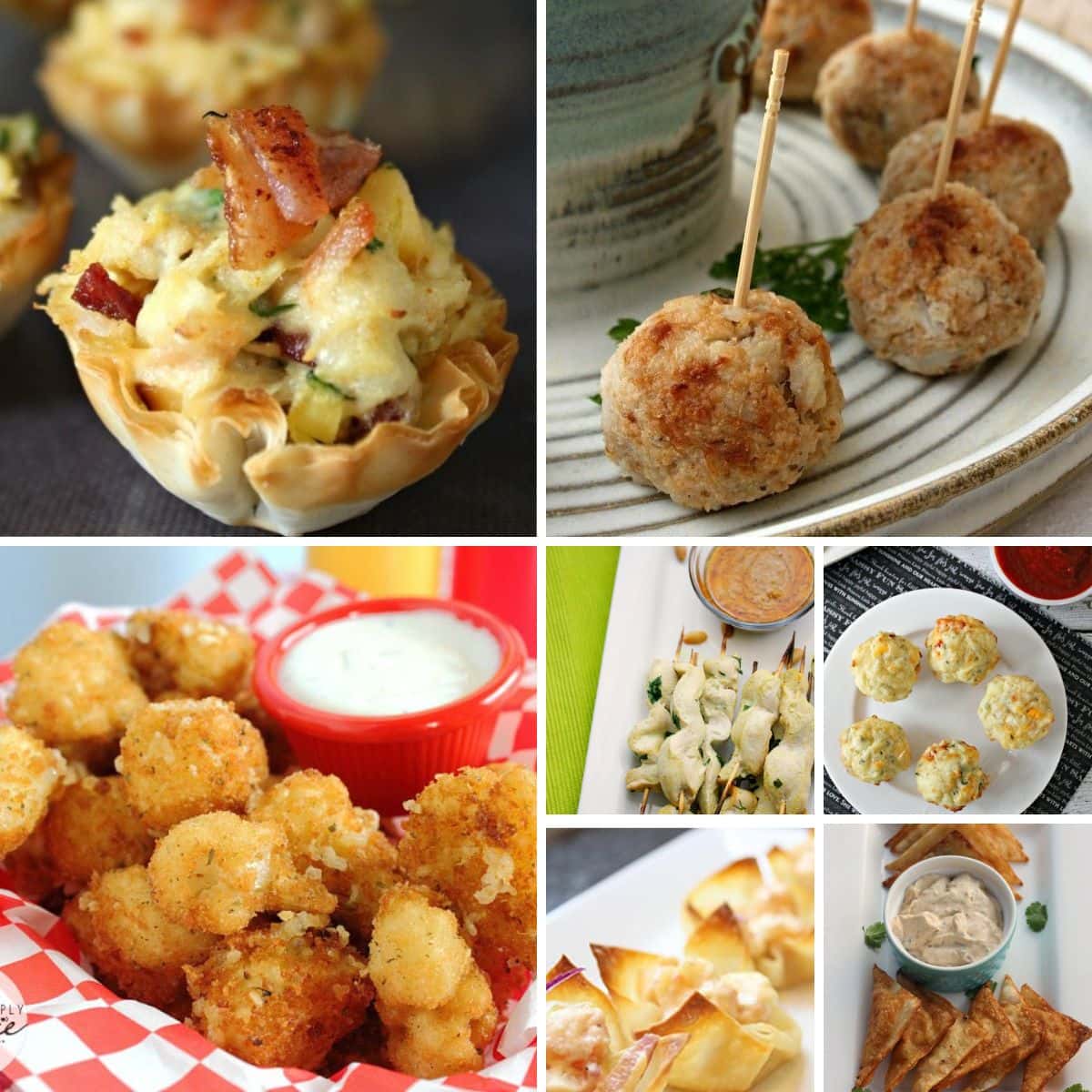 A collage of six images featuring various bite-sized Oscar party appetizers, including meatballs, stuffed phyllo cups, fried bites, dumplings, and dipping sauces.