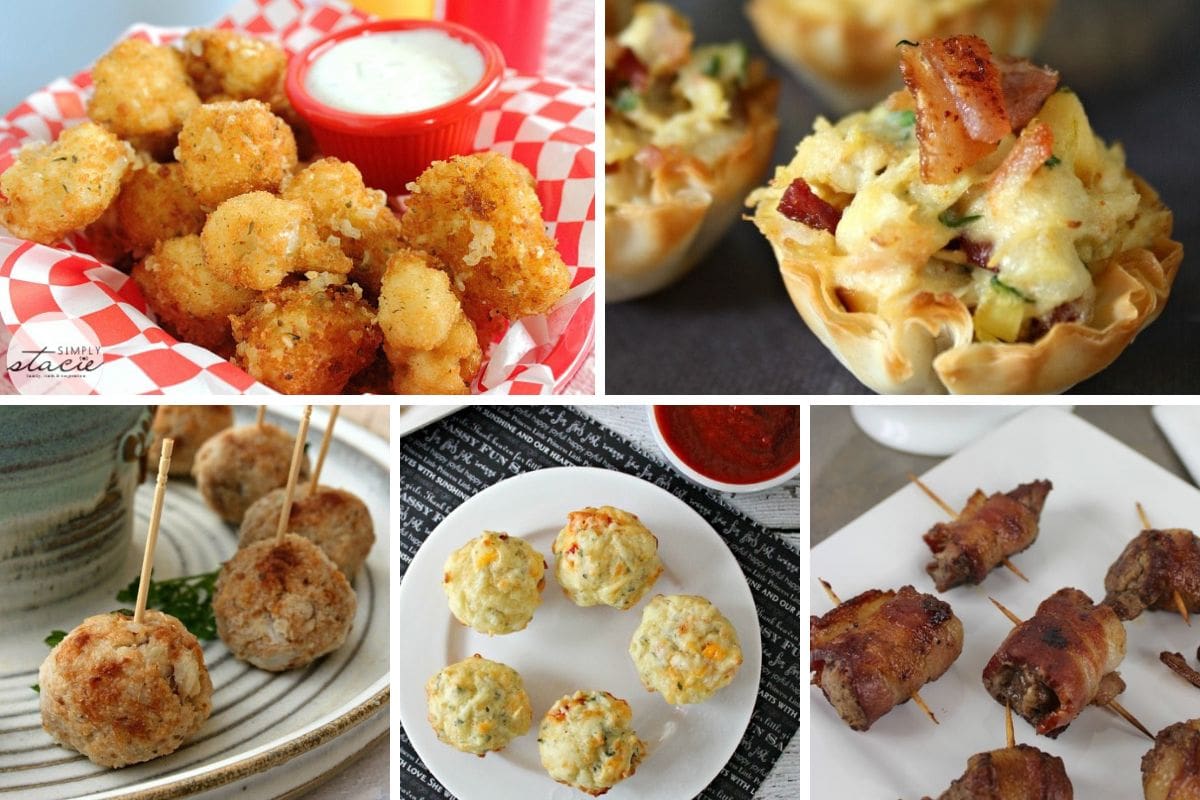 A collage of five different Oscar party appetizers, elegantly served on white plates.