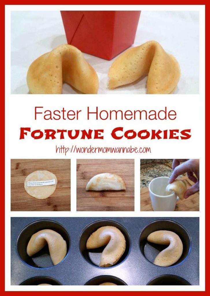 a collage of how to make fortune cookies with title text reading Faster Homemade Fortune Cookies