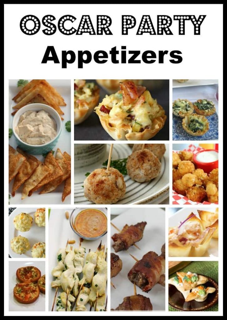 a collage of 11 different appetizers with title text reading Oscar Party Appetizers