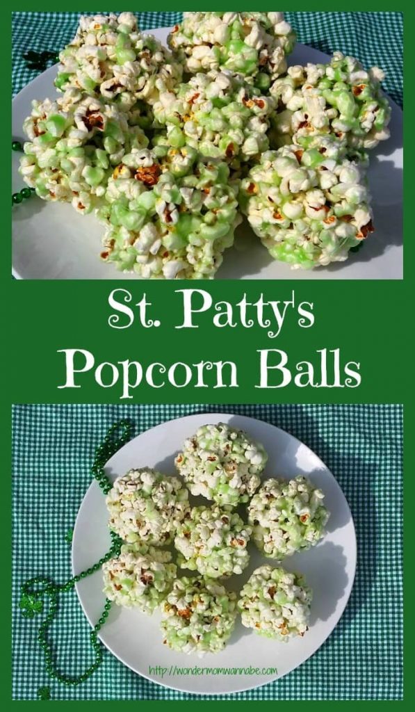 a collage of green popcorn balls on a plate on a green cloth with title text reading St. Patty's Popcorn Balls