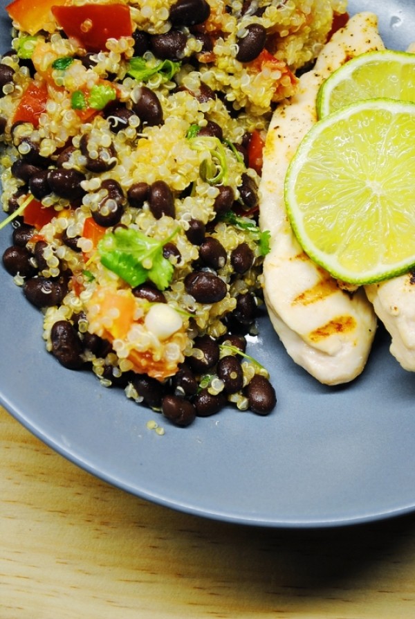 chicken next to beans and grains on a plate for Carb Cycling (High Carb)