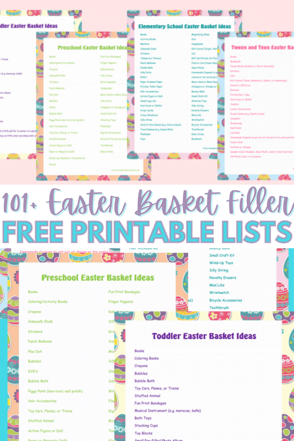 Over 100 Easter ideas for basket fillers plus ideas for decorating and organizing. There are four printable lists of ideas for toddlers through teens. #easter #easterbasket #freeprintable #easterbasketideas via @wondermomwannab